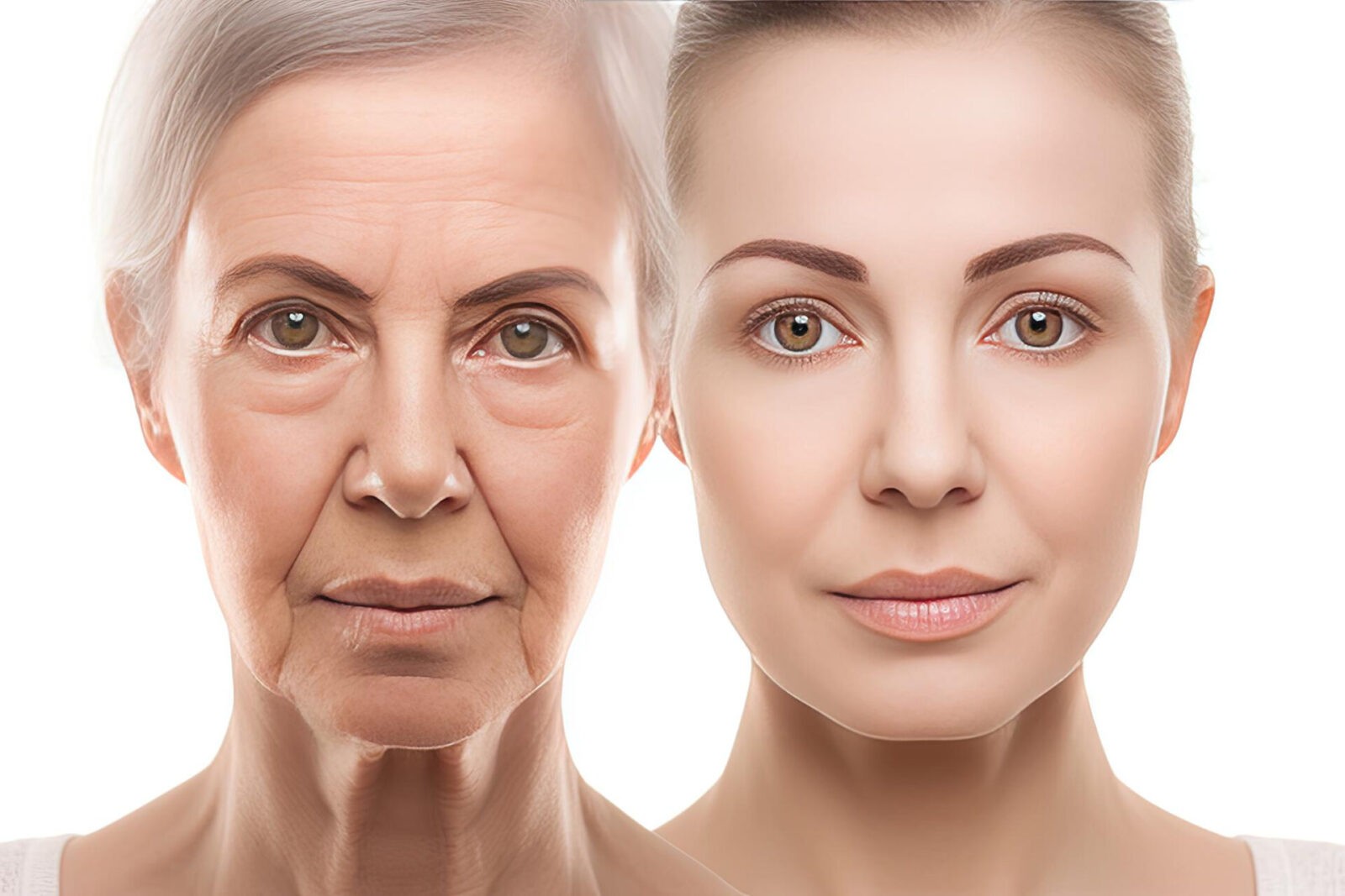 aging process woman with two images white background ai generative