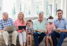 multi generation family using digital tablet mobile phone virtual headset living room