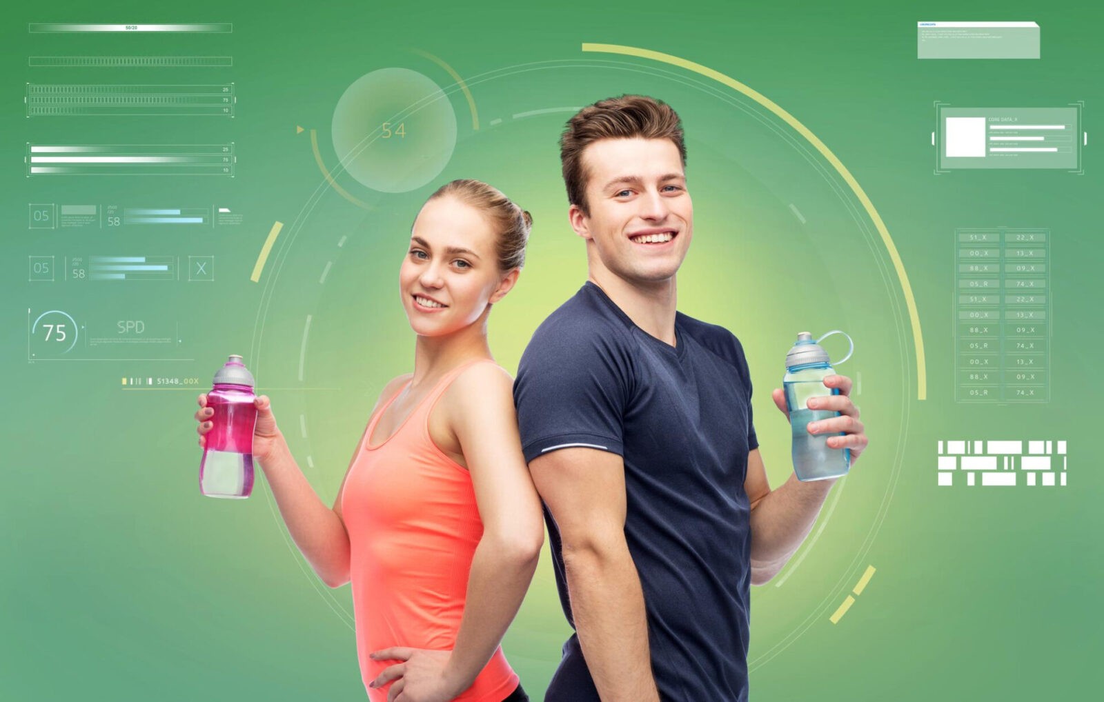 sport fitness technology people concept happy sportive man woman with water bottles green background