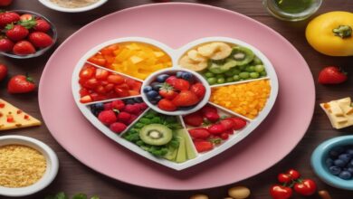 A colorful food plate with a heart symbol, highlighting the link between diet and heart health related to cholesterol guidelines.