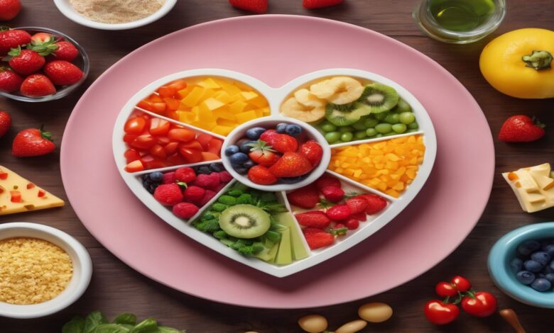 A colorful food plate with a heart symbol, highlighting the link between diet and heart health related to cholesterol guidelines.