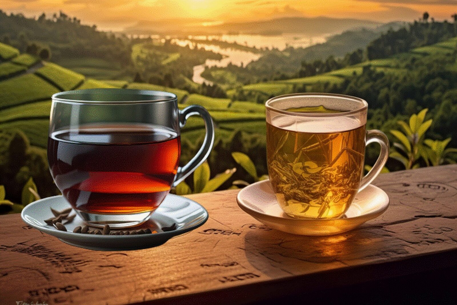 Black and green tea cups side by side with scattered tea leaves, illustrating their health benefits comparison