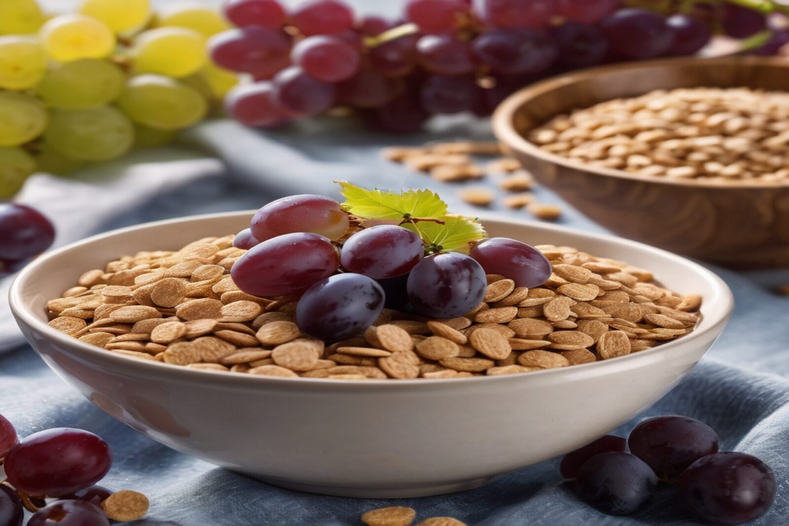 Bowl of Grape Nuts cereal with fresh grapes and wheat stalks, with a measuring tape emphasizing its nutritional value for wellness.