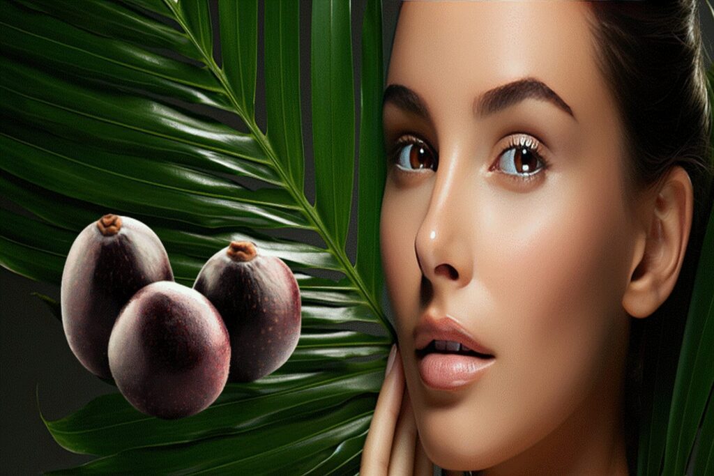 Elegant model with vibrant skin grasping Acai Berries, emphasizing their organic skin advantages.