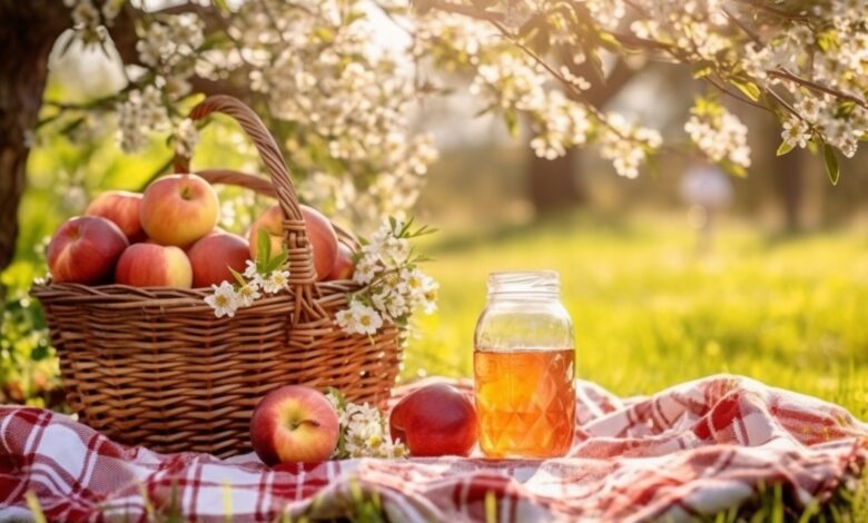 Fresh apples in a polka dotted red plate with a glass of apple juice, set against an apple garden and sunny sky backdrop.