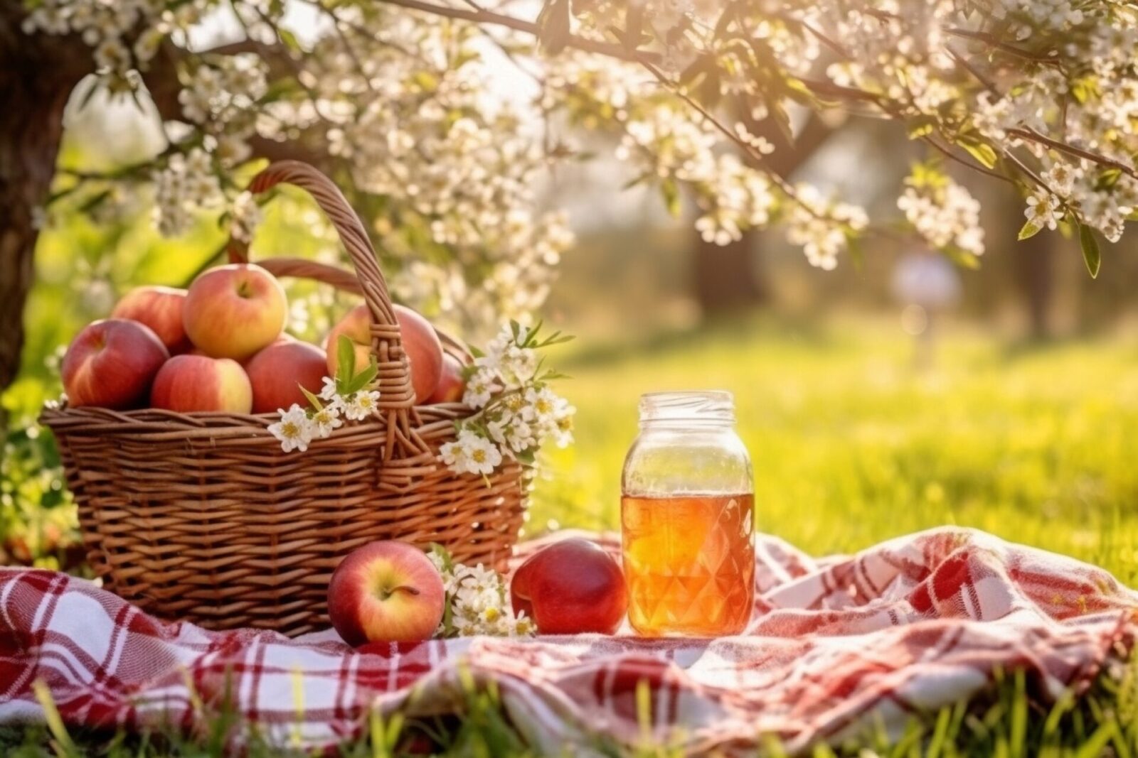 Fresh apples in a polka dotted red plate with a glass of apple juice, set against an apple garden and sunny sky backdrop.