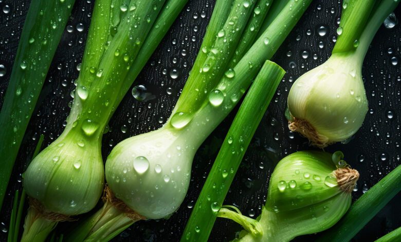 Fresh sprouts of green onion, head of garlic covered with water droplets. Dark background. Generative AI