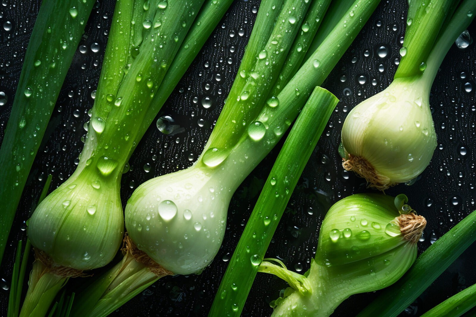 Fresh sprouts of green onion, head of garlic covered with water droplets. Dark background. Generative AI