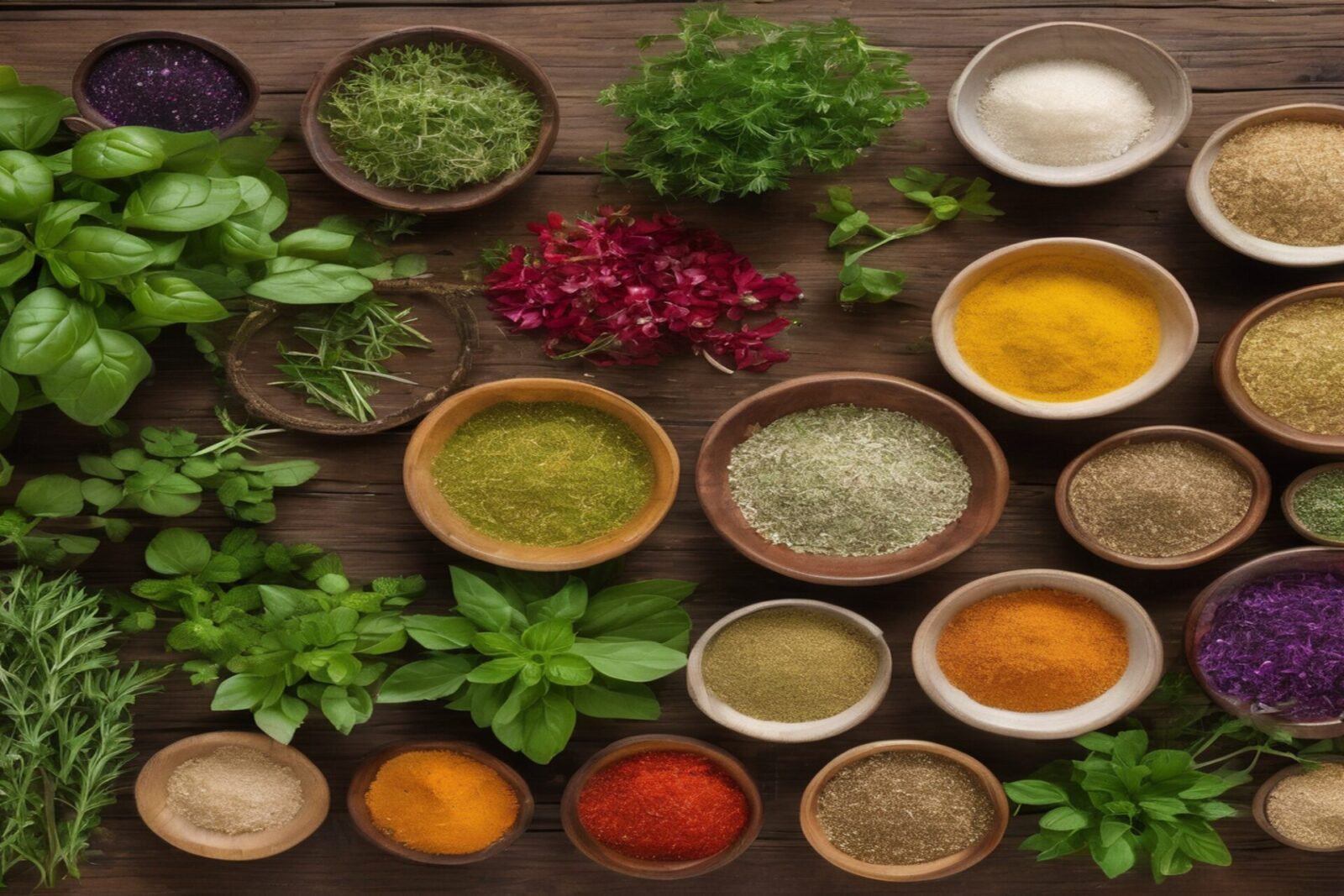 Fresh herbs displayed on wooden table representing natural methods to lower cholesterol.