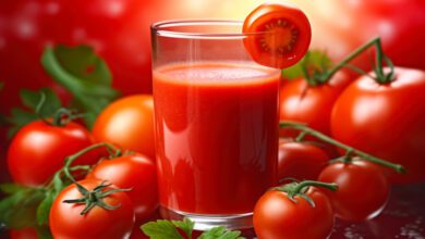 fresh red tomato juice in a glass generative ai