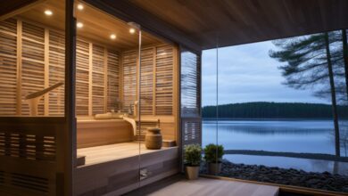 Front view of empty Finnish sauna room. Modern interior of wooden spa cabin with dry steam.