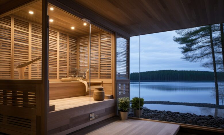 Front view of empty Finnish sauna room. Modern interior of wooden spa cabin with dry steam.