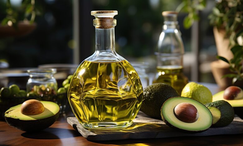 Avocado oil on a table in a glass bottle on a background of greenery Generative AI