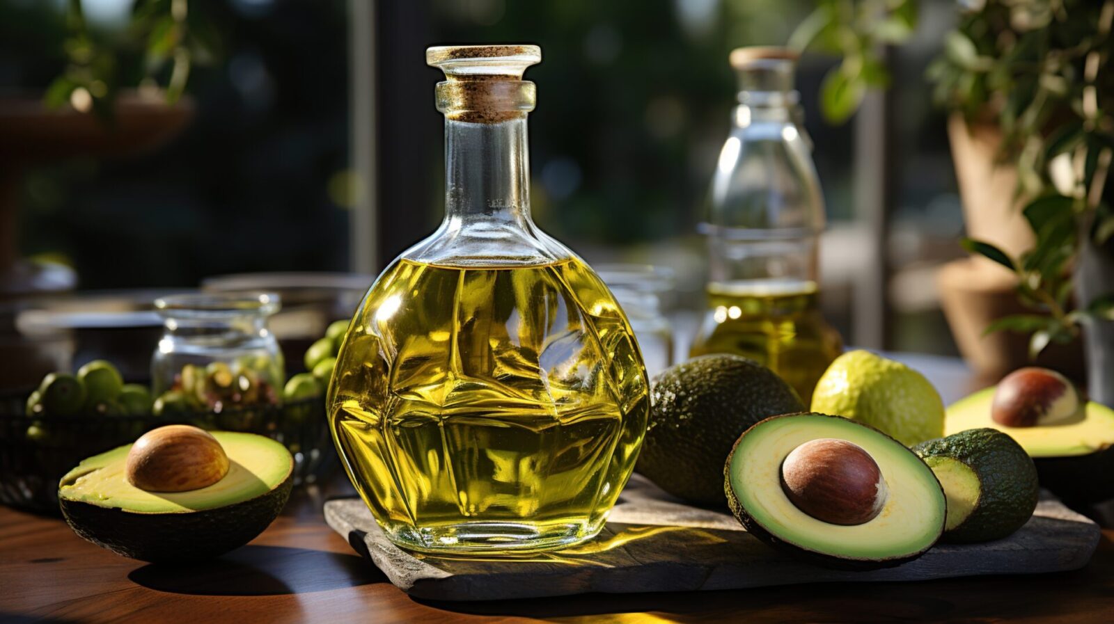 Avocado oil on a table in a glass bottle on a background of greenery Generative AI