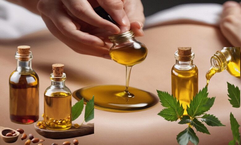 Glass bottle of castor oil next to its plant leaf with a hand applying the oil to a stomach, showcasing its therapeutic benefits