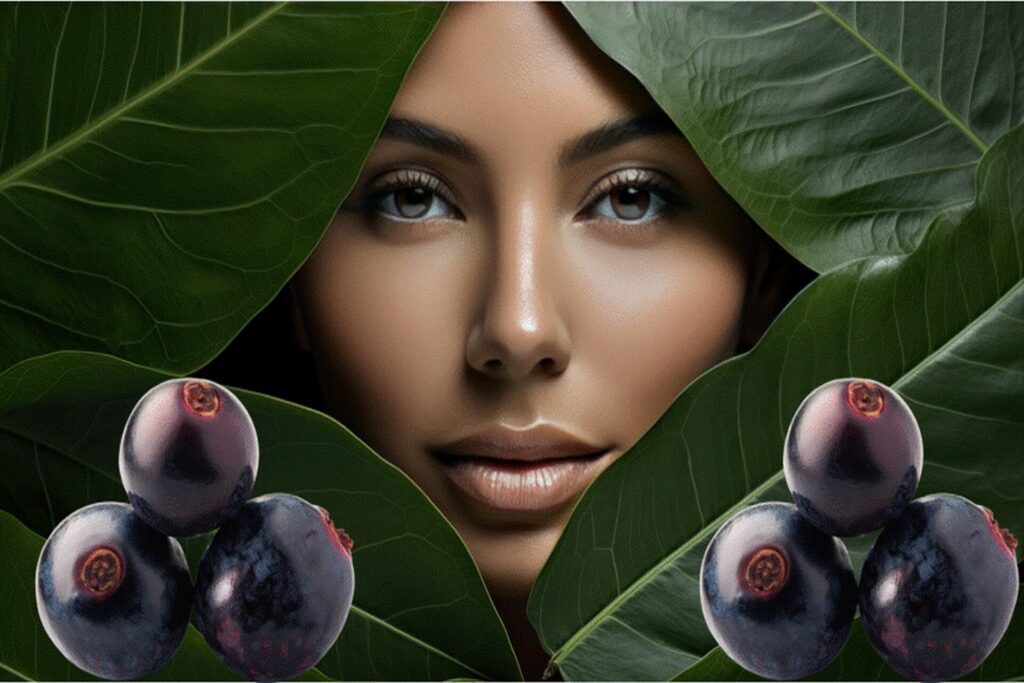 Glowing skinned model with Acai Berries in hand, underscoring their inherent benefits for skin health