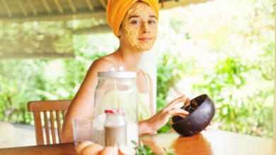 Portrait of a happy caucasian woman using natural secrets to do