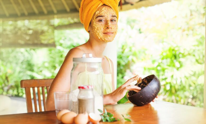 Portrait of a happy caucasian woman using natural secrets to do