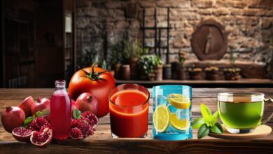 Heart healthy drinks on a table pomegranate juice, green tea, lemon water, and tomato juice