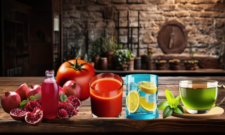 Heart healthy drinks on a table pomegranate juice, green tea, lemon water, and tomato juice