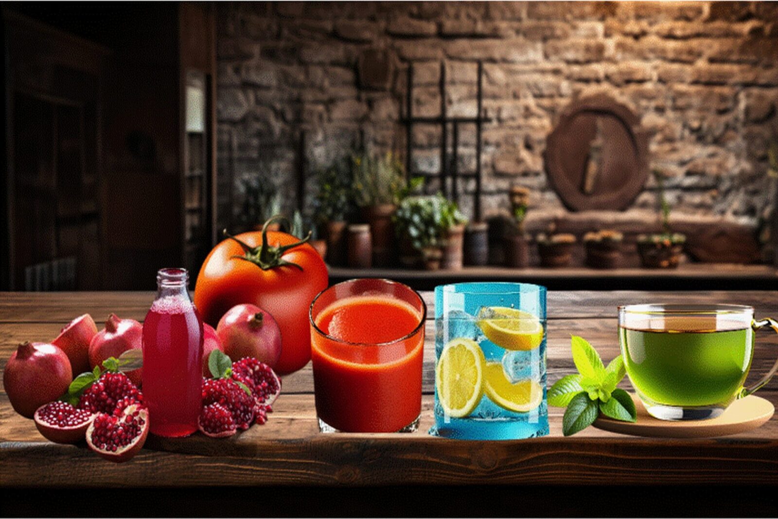 Heart healthy drinks on a table pomegranate juice, green tea, lemon water, and tomato juice