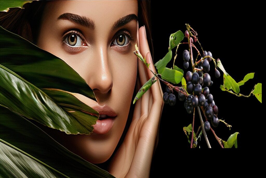 Model displaying clear skin while holding fresh Acai Berries, signifying their skin benefits