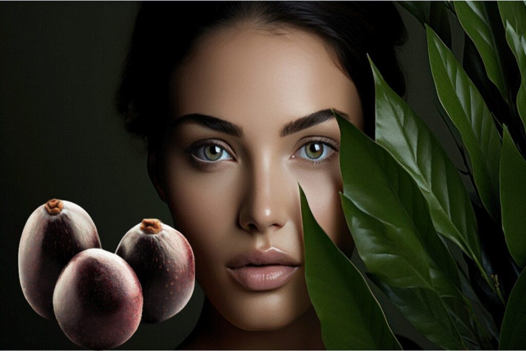 Model with a radiant complexion clutching Acai Berries, showcasing their natural skin enhancing effects