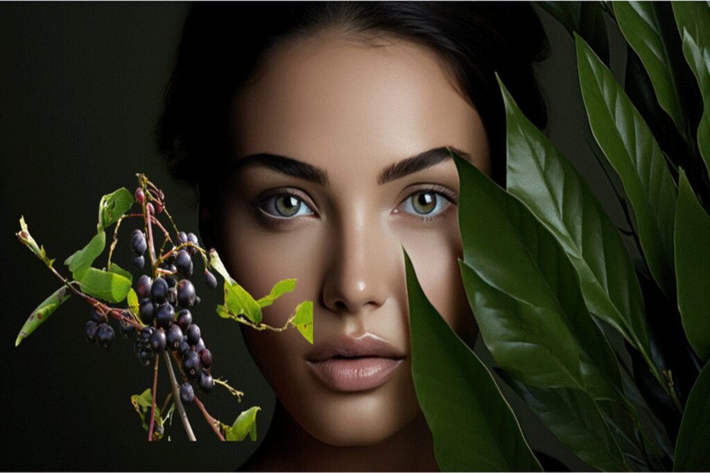 Model with glowing skin holding Acai Berries, illustrating their natural skin enhancing properties.