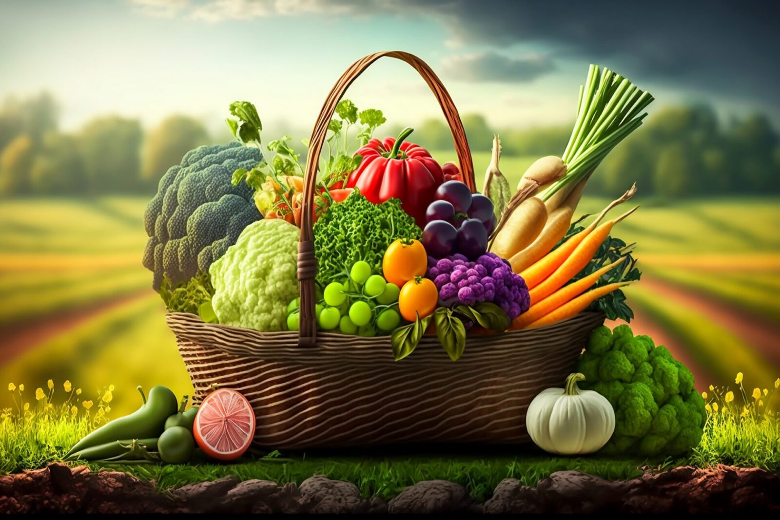 fresh green and mix colored vegetables in big basket in field gr