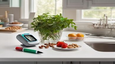 Organized diabetic care station on a kitchen countertop with insulin pen, blood glucose meter, daily journal, and balanced snacks; indoor plants in the background symbolizing wellness.