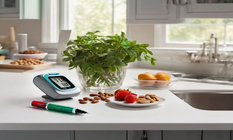 Organized diabetic care station on a kitchen countertop with insulin pen, blood glucose meter, daily journal, and balanced snacks; indoor plants in the background symbolizing wellness.