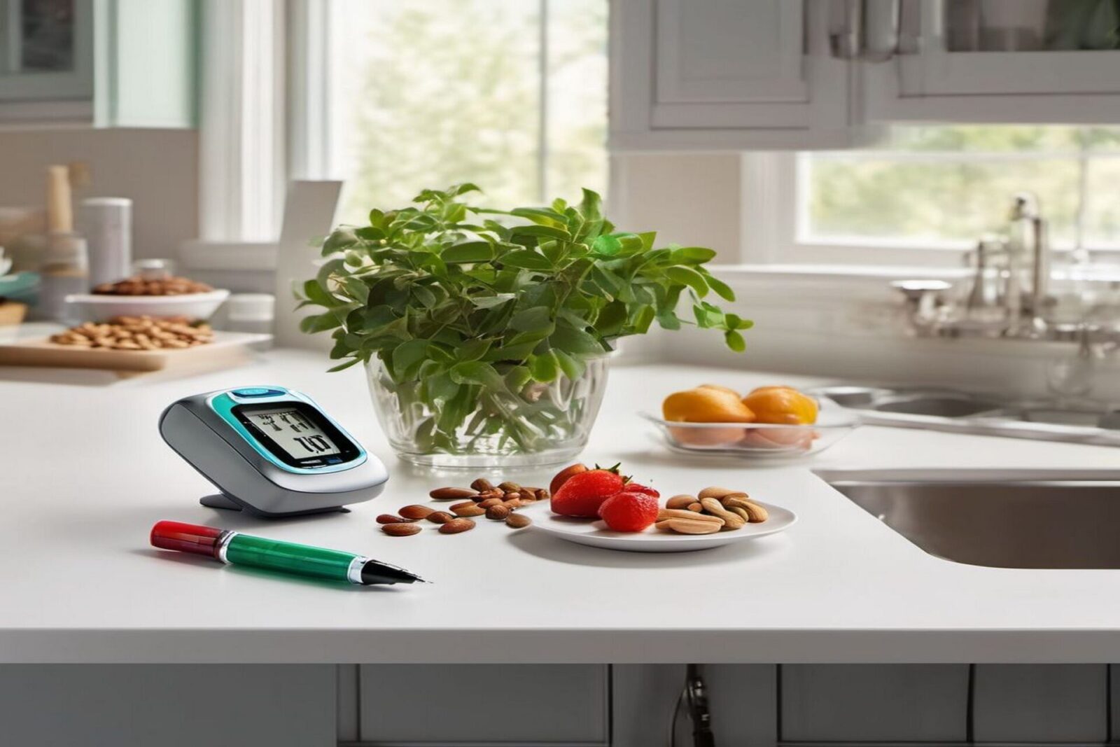 Organized diabetic care station on a kitchen countertop with insulin pen, blood glucose meter, daily journal, and balanced snacks; indoor plants in the background symbolizing wellness.