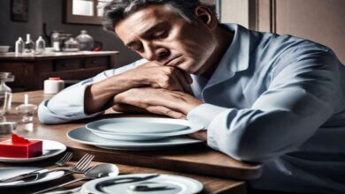 Person asleep at dining table with empty plate and cutlery in front of them.