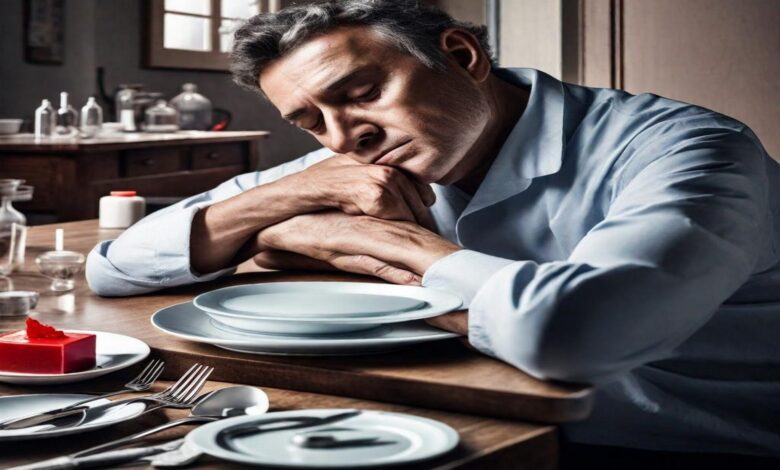 Person asleep at dining table with empty plate and cutlery in front of them.