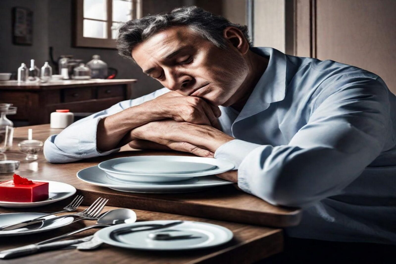 Person asleep at dining table with empty plate and cutlery in front of them.