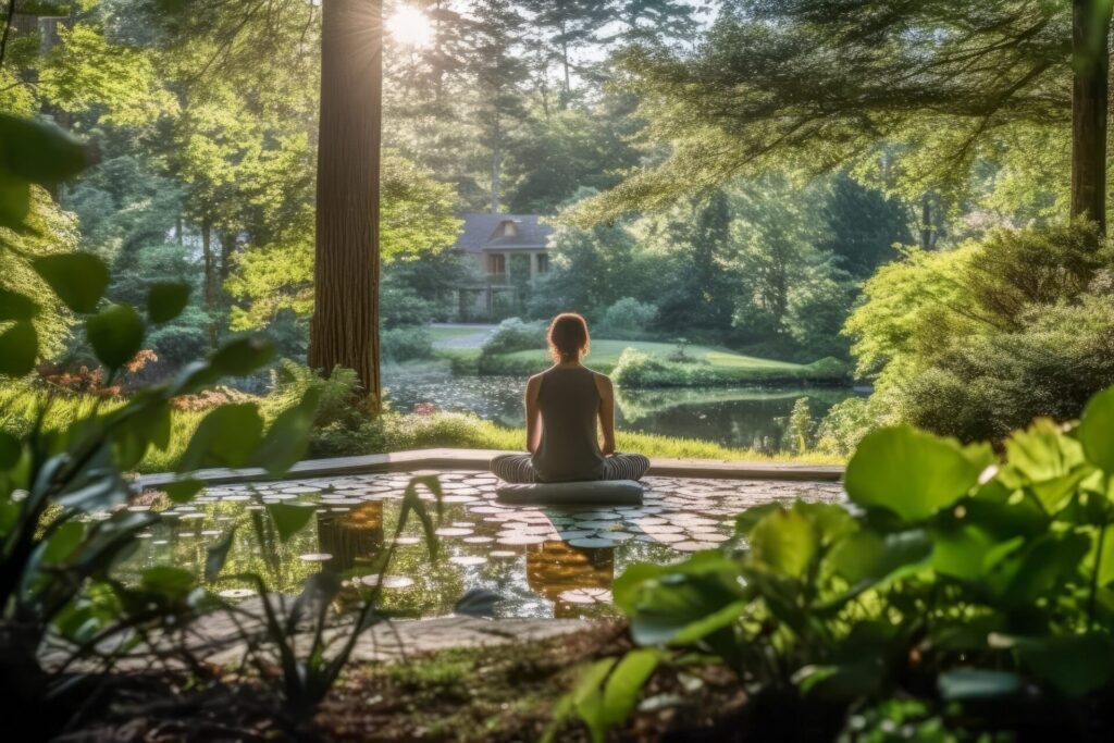 Person practicing yoga in a peaceful outdoor setting connecting with nature