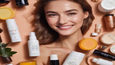 Radiant skinned woman surrounded by skincare products with title 'Weekly Skincare Routine A Comprehensive Guide for Radiant Skin'.