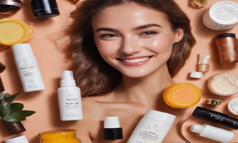 Radiant skinned woman surrounded by skincare products with title 'Weekly Skincare Routine A Comprehensive Guide for Radiant Skin'.