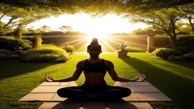 Silhouette of an individual meditating during sunrise, symbolizing the harmony of mind, body, and soul in holistic wellness.