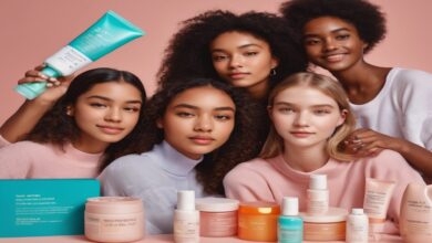 Teenagers displaying various skincare products with title 'Skincare Routine for Teens Essential Guide & Best Practices' overlay