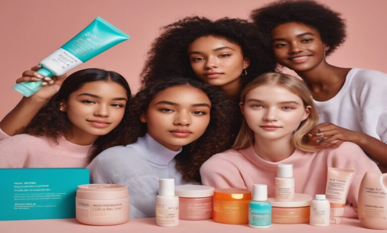 Teenagers displaying various skincare products with title 'Skincare Routine for Teens Essential Guide & Best Practices' overlay