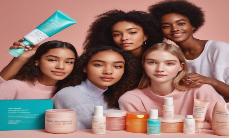 Teenagers displaying various skincare products with title ‘Skincare Routine for Teens Essential Guide & Best Practices' overlay