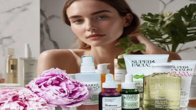 The Ordinary skincare products displayed on a marble counter with a woman in the background showcasing radiant, healthy skin, symbolizing the Ultimate Guide for Radiant Skin