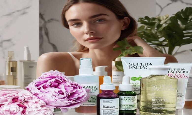 The Ordinary skincare products displayed on a marble counter with a woman in the background showcasing radiant, healthy skin, symbolizing the Ultimate Guide for Radiant Skin
