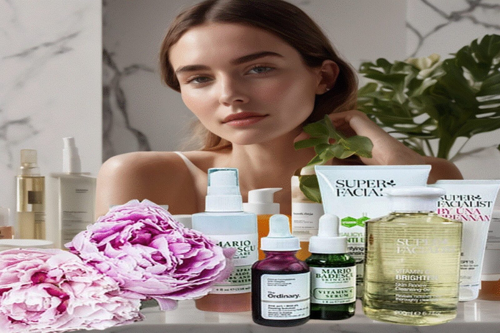 The Ordinary skincare products displayed on a marble counter with a woman in the background showcasing radiant, healthy skin, symbolizing the Ultimate Guide for Radiant Skin