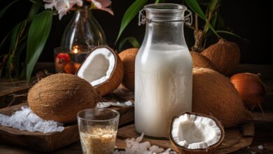 Coconut milk in small transparent bottles