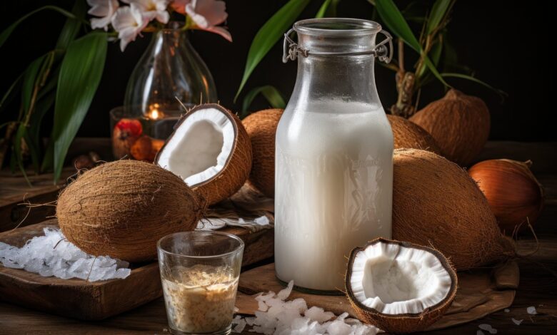 Coconut milk in small transparent bottles