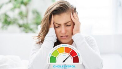 Woman experiencing headache due to high cholesterol levels