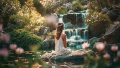 One young woman meditates in lotus position by tranquil pond generated by AI