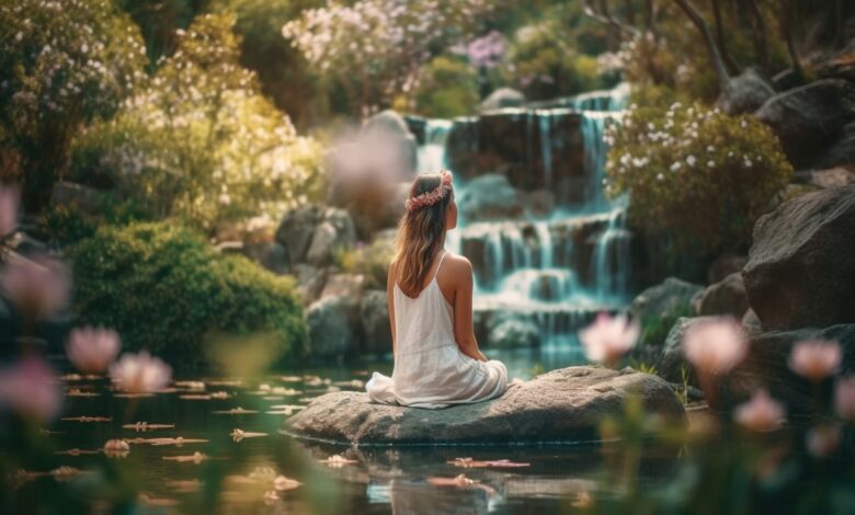 One young woman meditates in lotus position by tranquil pond generated by AI